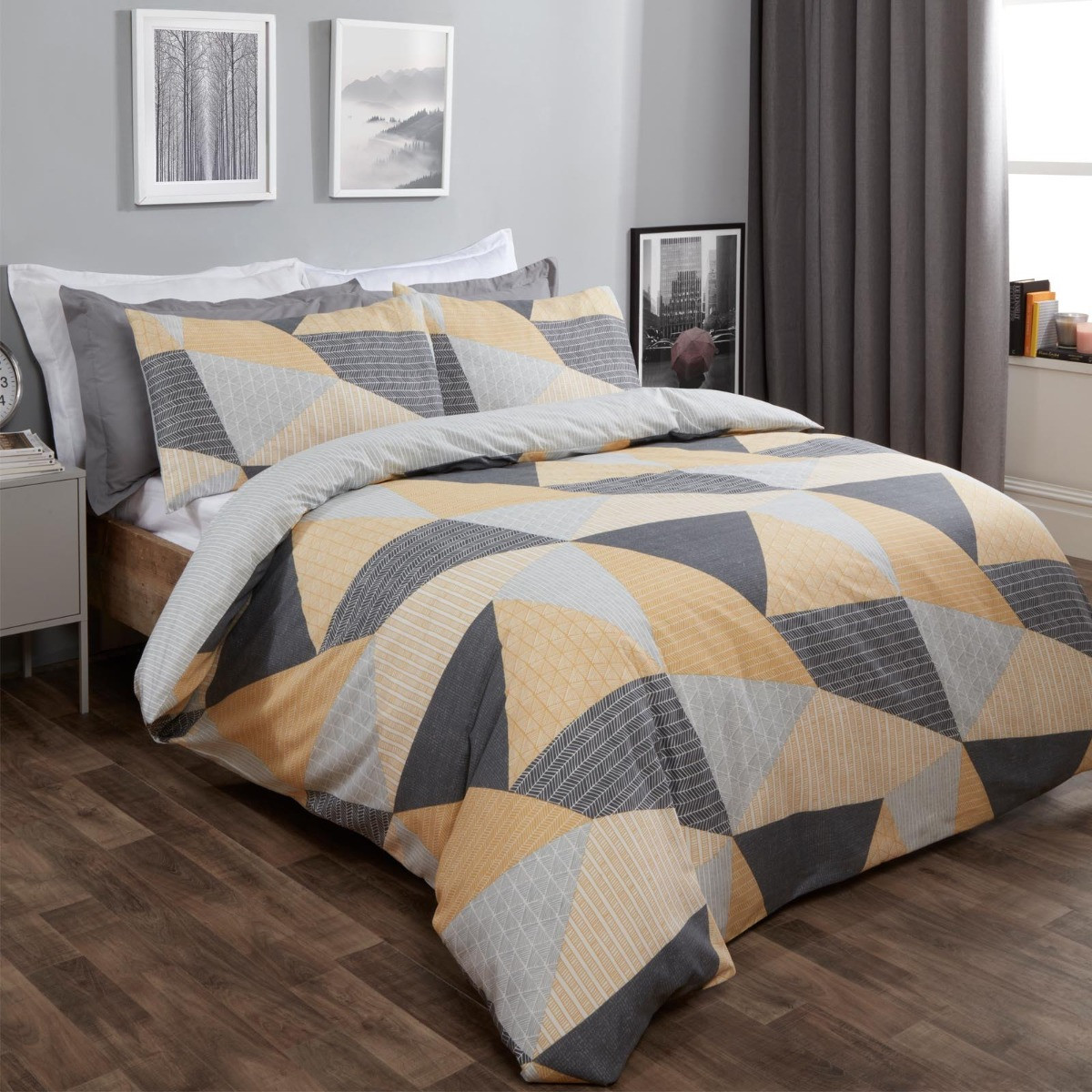 OHS Textured Geometric Duvet Set - Ochre-Single>
