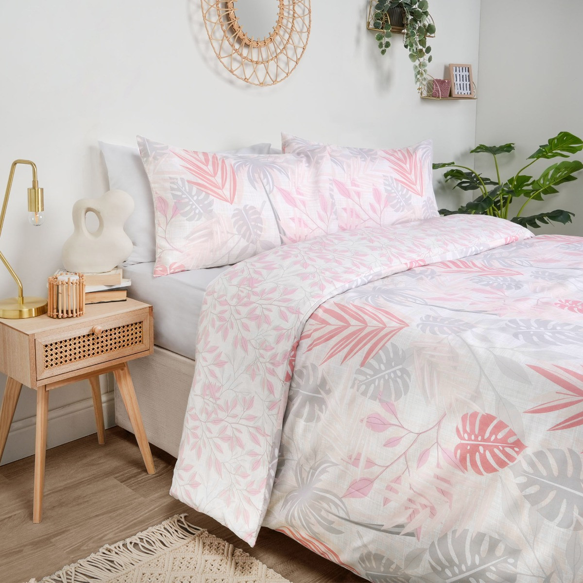 Dreamscene Tropical Print Duvet Set, Grey/Blush Single