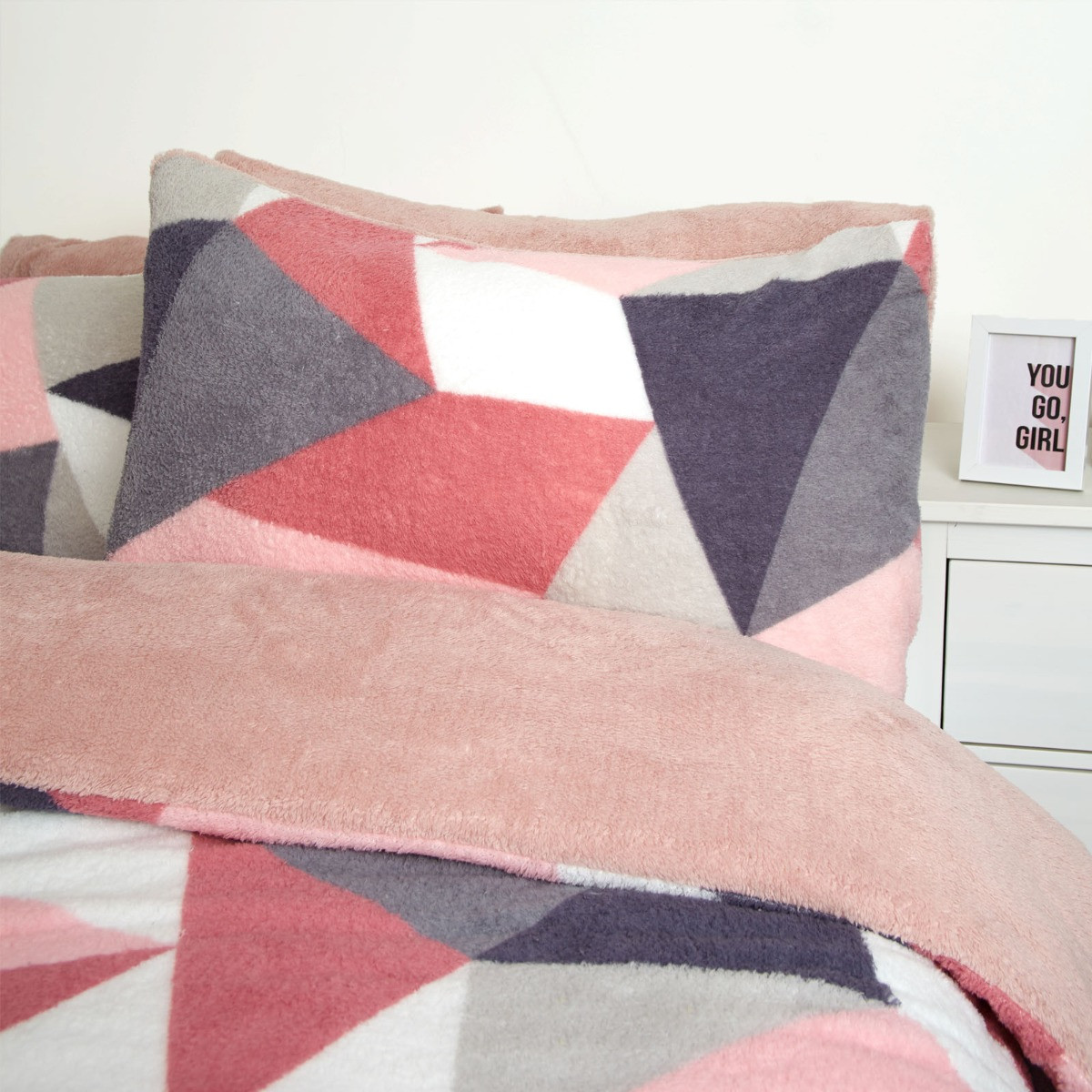OHS Shapes Teddy Fleece Duvet Cover Set, Blush Pink - Super King>