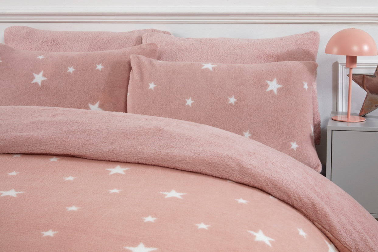 OHS Star Teddy Fleece Duvet Cover Set, Blush - Super King>