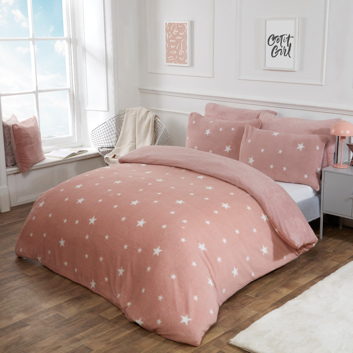 OHS Star Teddy Fleece Duvet Cover Set, Blush - Super King>