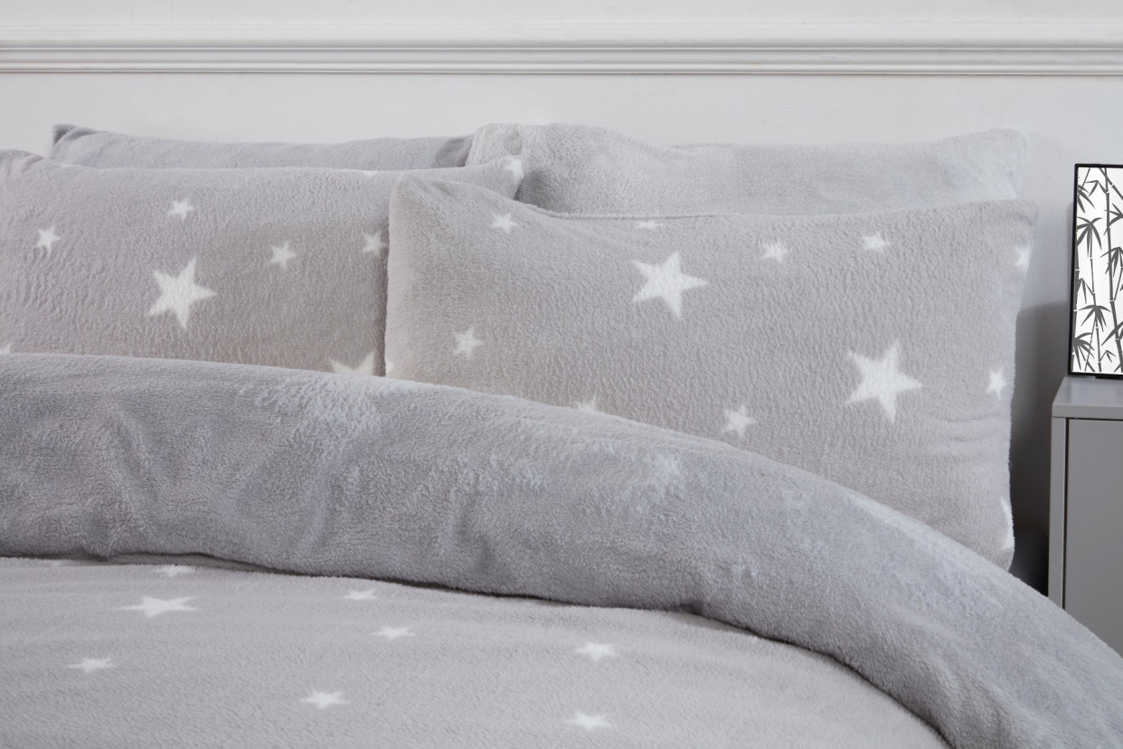 OHS Star Teddy Fleece Duvet Cover Set, Grey - King>