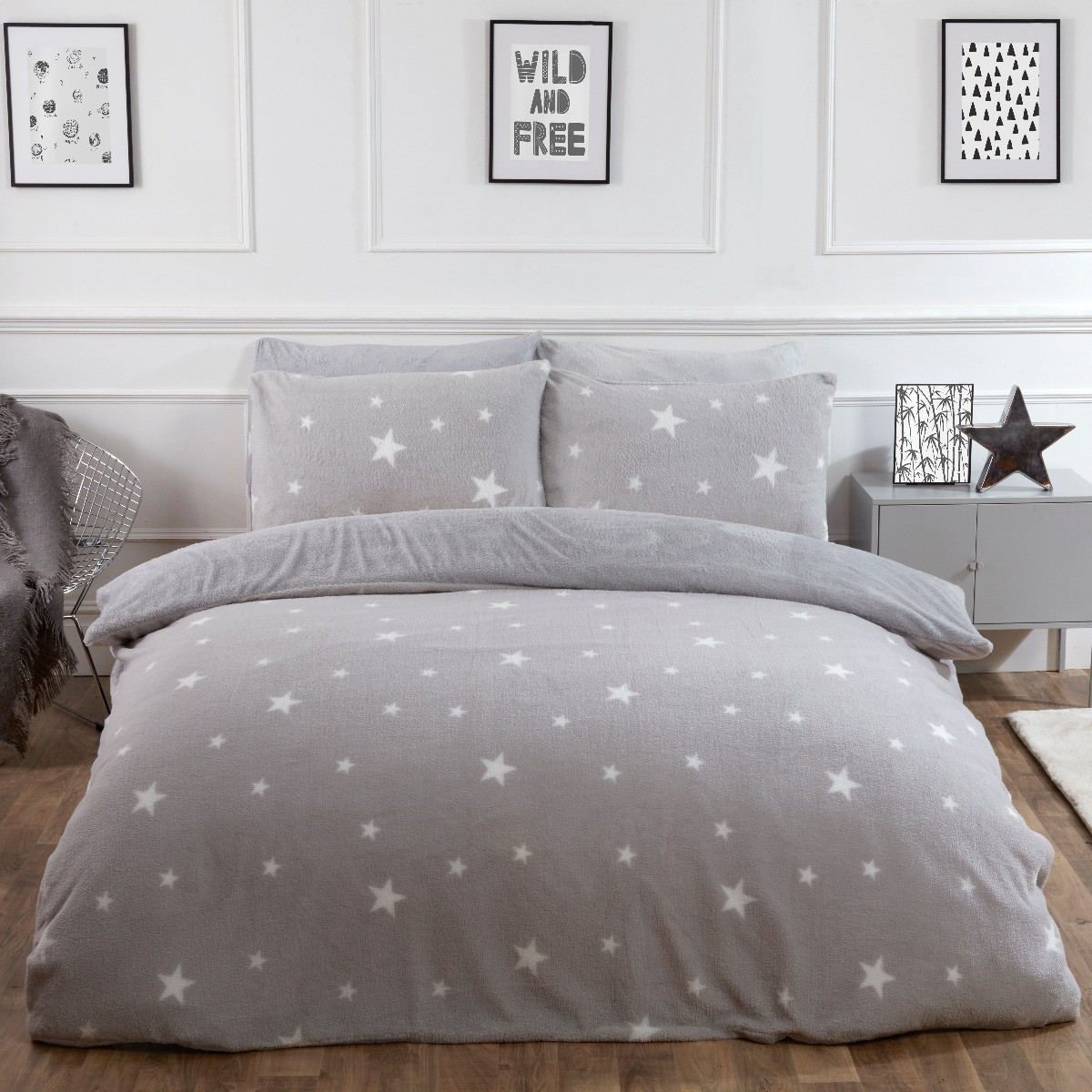 OHS Star Teddy Fleece Duvet Cover Set, Grey - King>