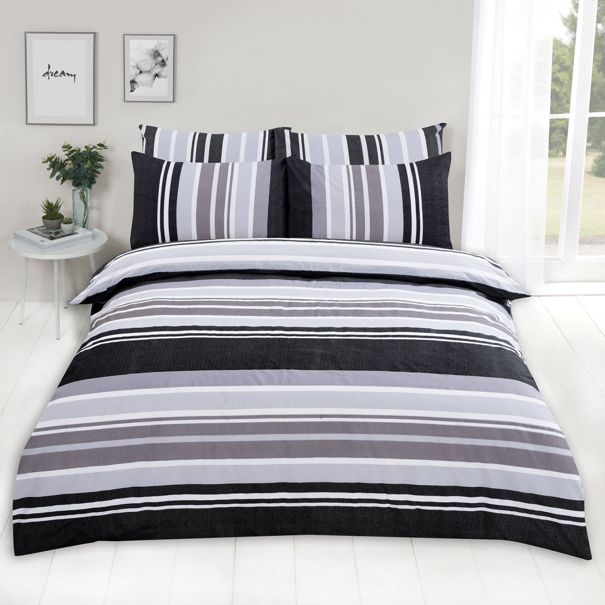 Dreamscene Wide Stripe Duvet Set - Charcoal Grey>