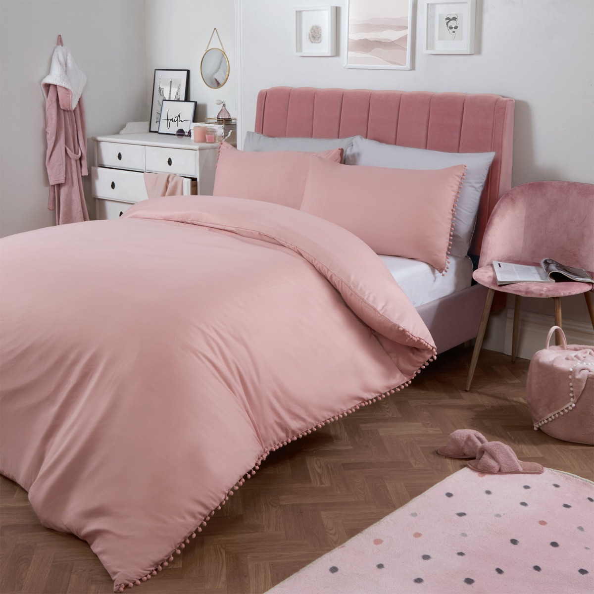 Pom Pom Duvet Set, Blush - Double>