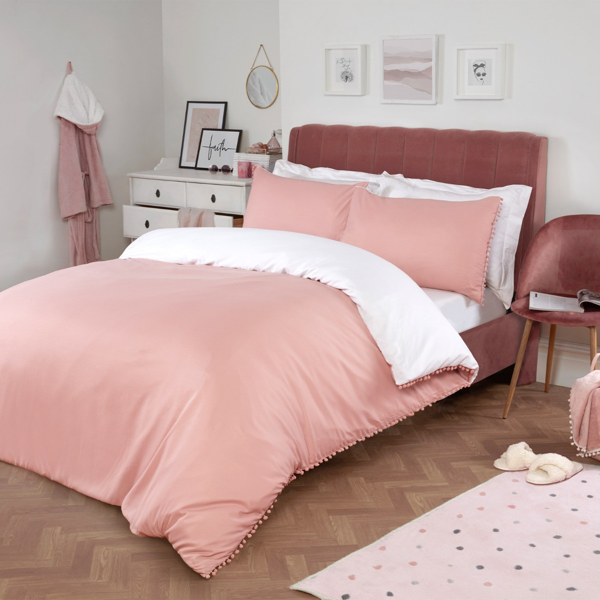 OHS Pom Pom Duvet Cover Set, Blush White - Super King>
