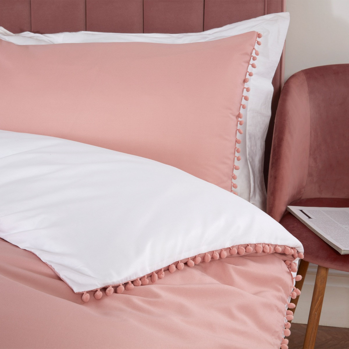 OHS Pom Pom Duvet Cover Set, Blush White - Super King>