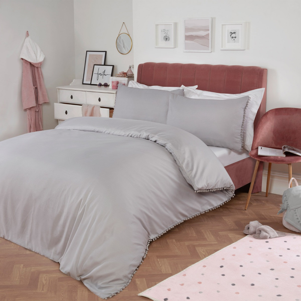 OHS Pom Pom Duvet Cover Set, Grey - Double>