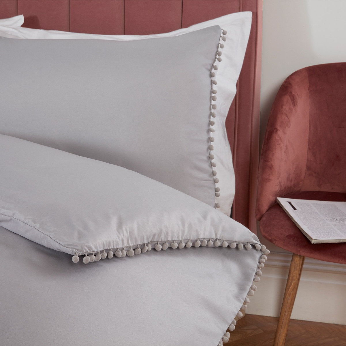 OHS Pom Pom Duvet Cover Set, Grey - Double>