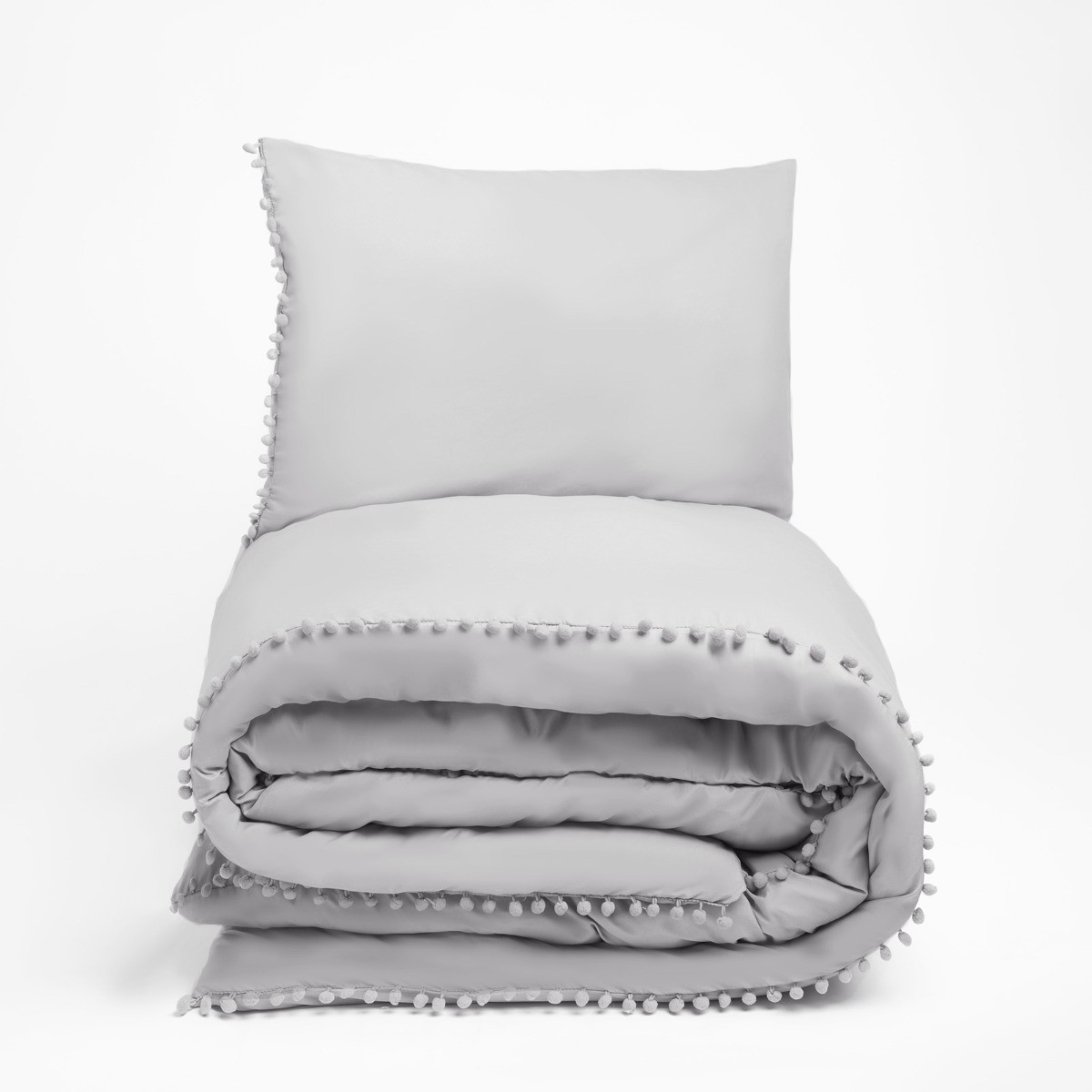 OHS Pom Pom Duvet Cover Set, Grey - Double>
