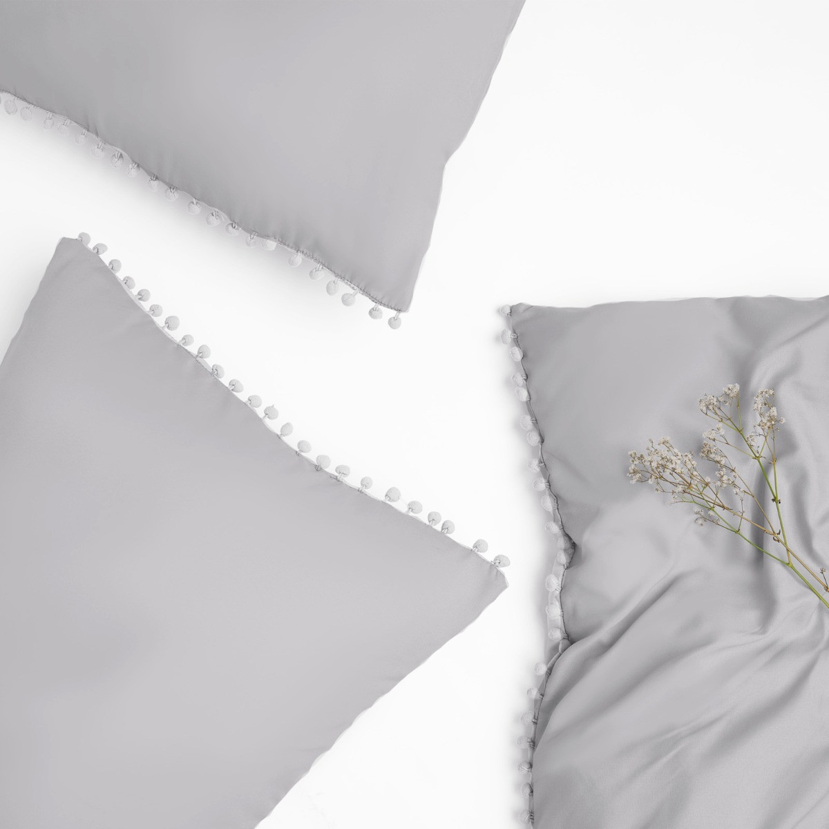 OHS Pom Pom Duvet Cover Set, Grey - Double>