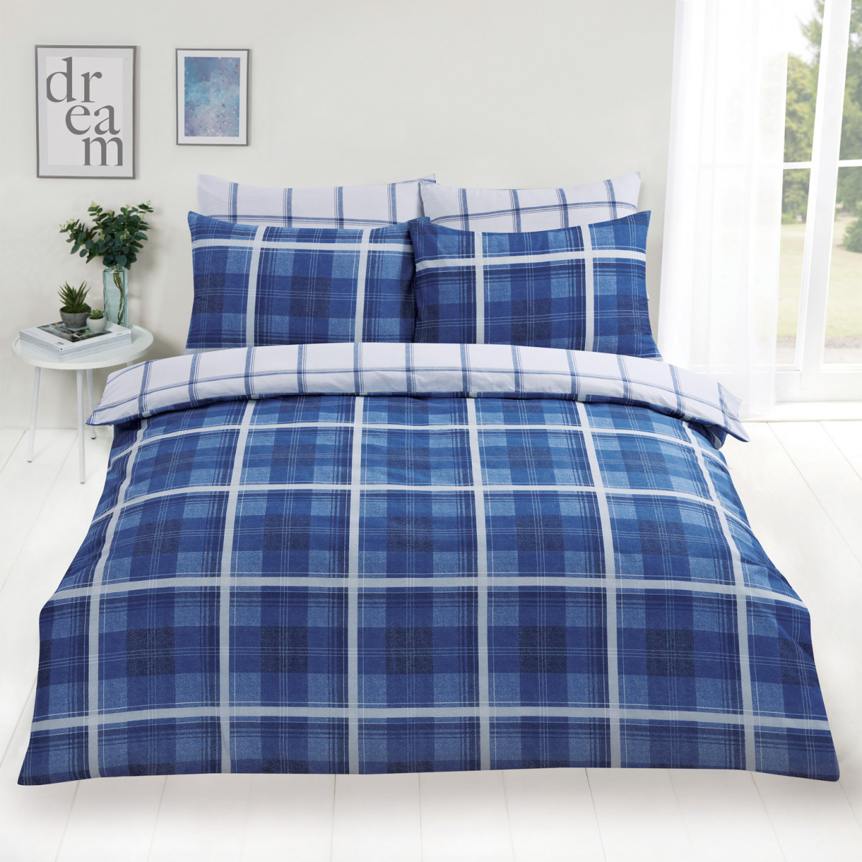 OHS Denim Check Duvet Cover Set - Blue>