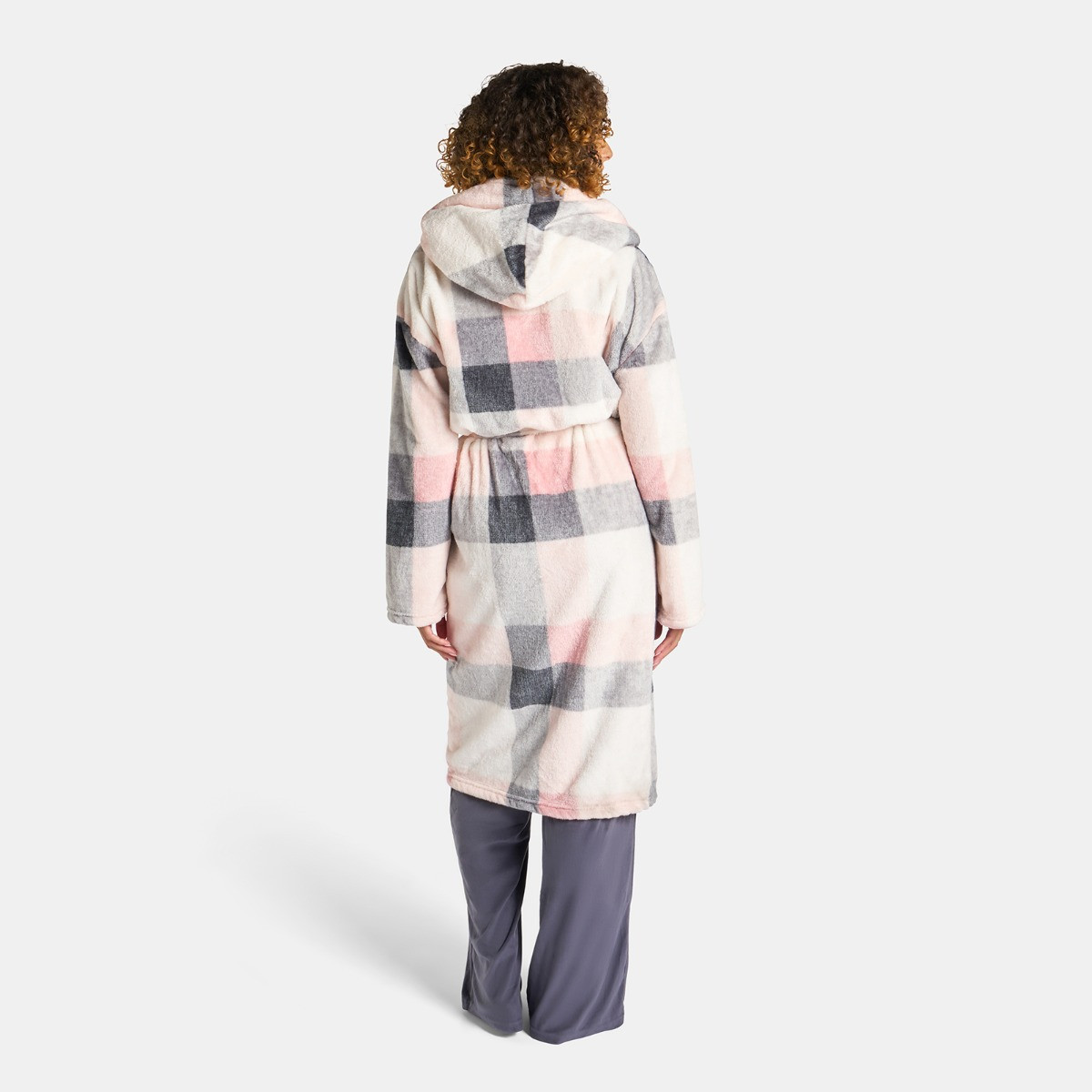 OHS Check Print Hooded Sherpa Fleece Dressing Gown - Blush >