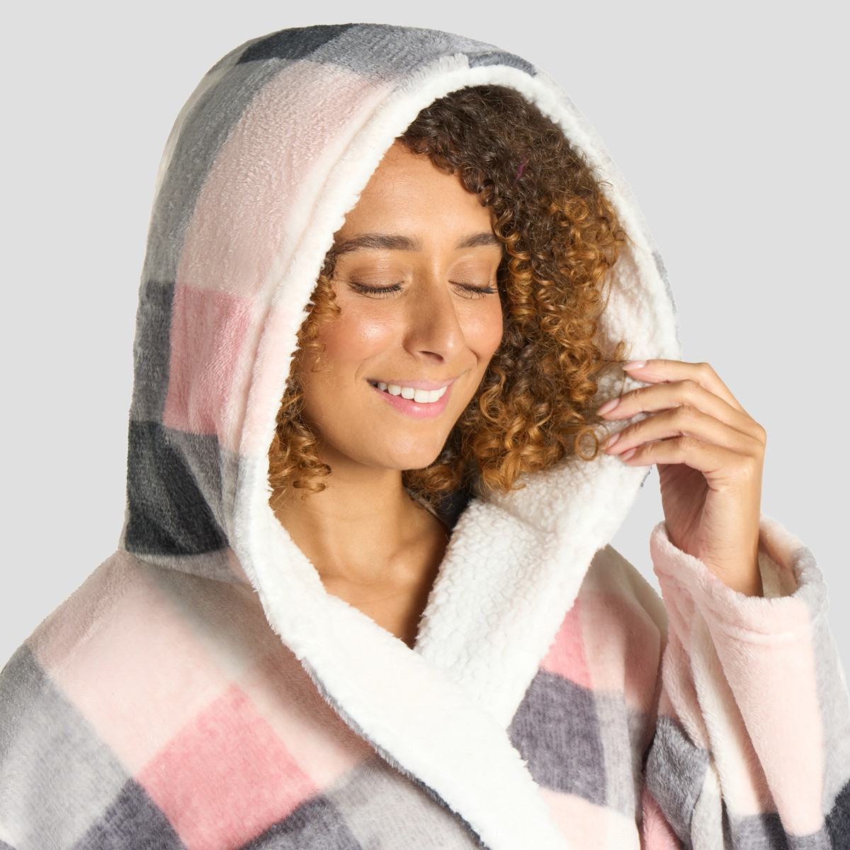OHS Check Print Hooded Sherpa Fleece Dressing Gown - Blush >
