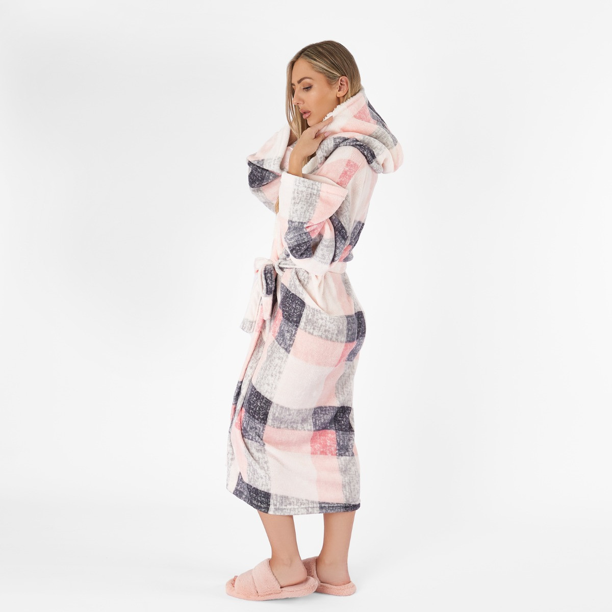 Dreamscene Check Print Hooded Sherpa Fleece Dressing Gown - Blush >