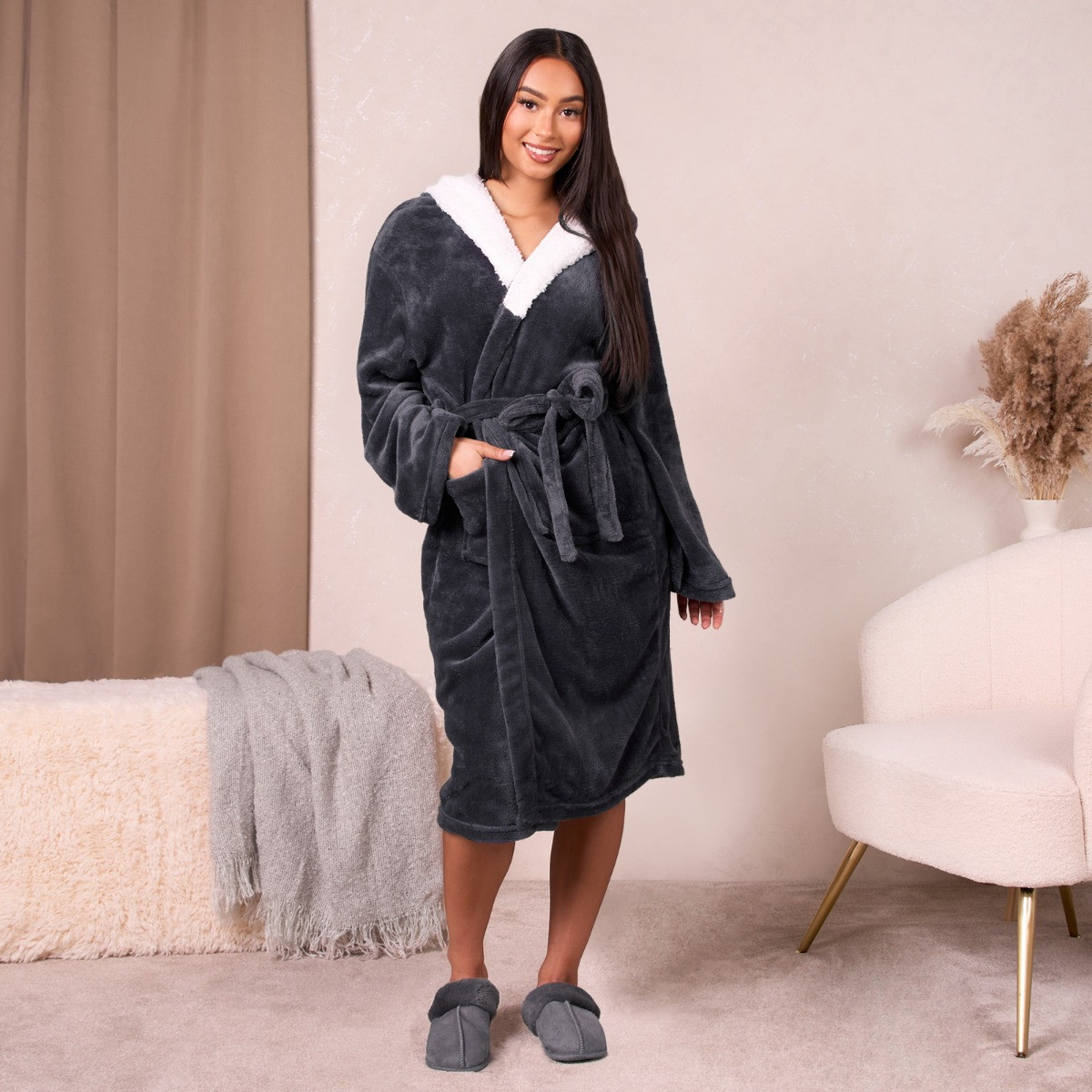 Womens Velvet Robe Dressing Gown Black Warm Long | Baturina Homewear