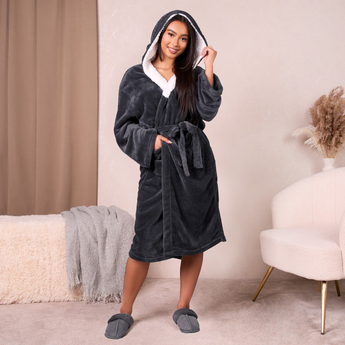 Sienna Hooded Sherpa Fleece Dressing Gown - Charcoal Grey>