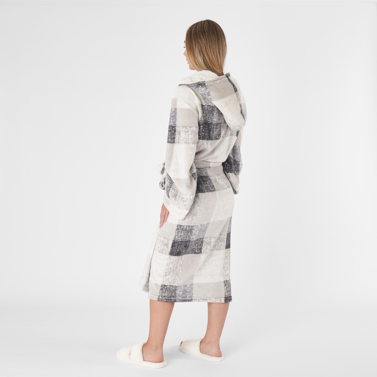 Dreamscene Check Print Hooded Sherpa Fleece Dressing Gown - Grey >