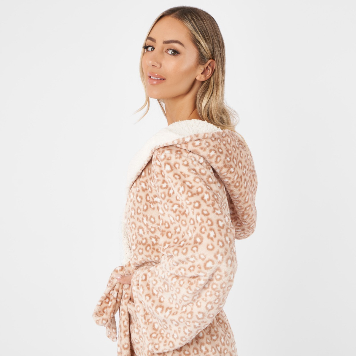 Dreamscene Leopard Flannel Fleece Dressing Gown - Natural>