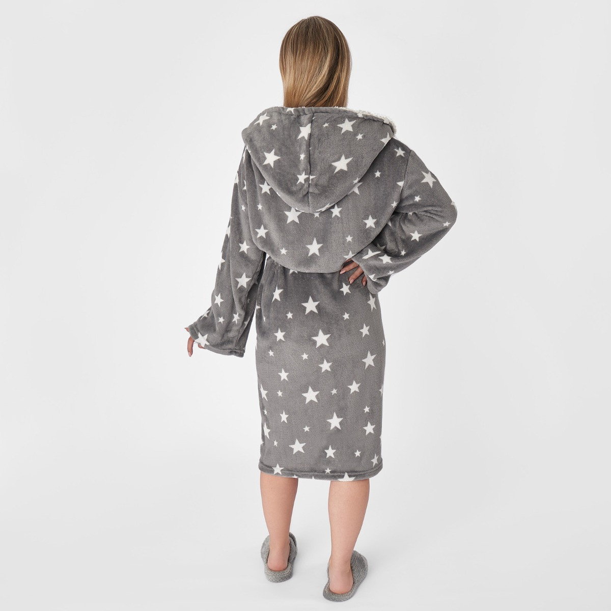 Dreamscene Star Print Hooded Sherpa Fleece Dressing Gown - Grey >