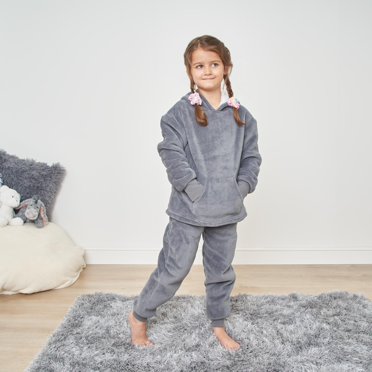 Dreamscene Kids Sherpa Fleece Pyjama Set, Charcoal - 4-7yrs>