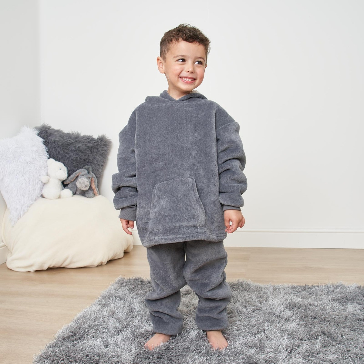 Dreamscene Kids Sherpa Fleece Pyjama Set, Charcoal - 4-7yrs>