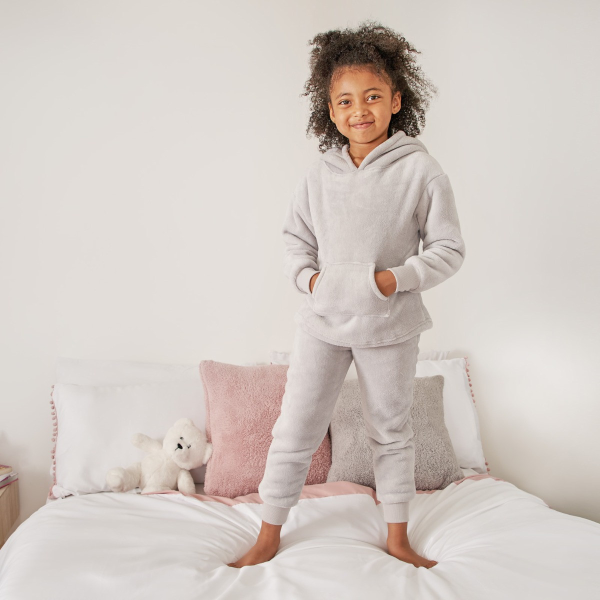 Dreamscene Kids Sherpa Fleece Hoodie Pyjama Set - Grey>