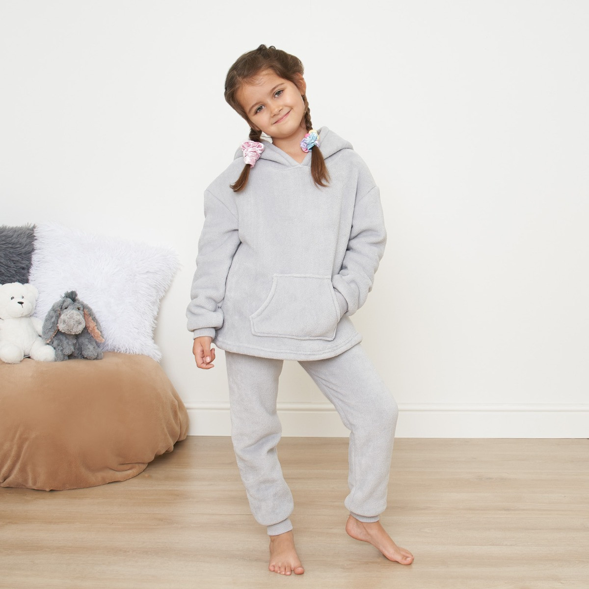 Dreamscene Kids Sherpa Fleece Pyjama Set, Grey - 8-11yrs>