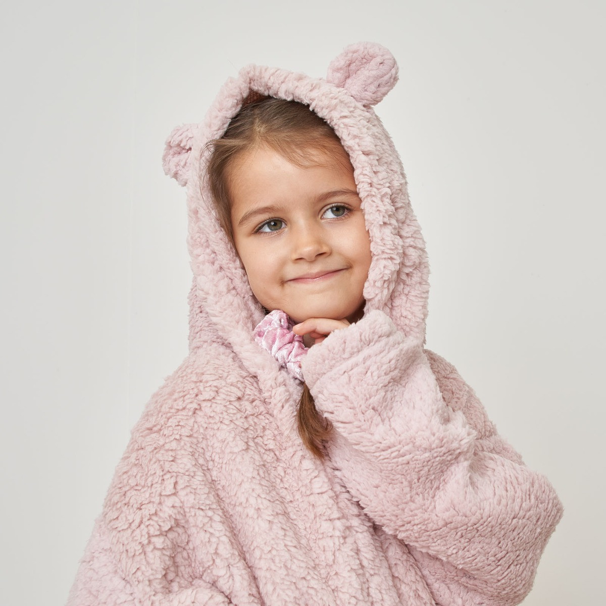 Dreamscene Kids Teddy Fleece Bear Ears Dressing Gown, Blush - 1-3yrs>