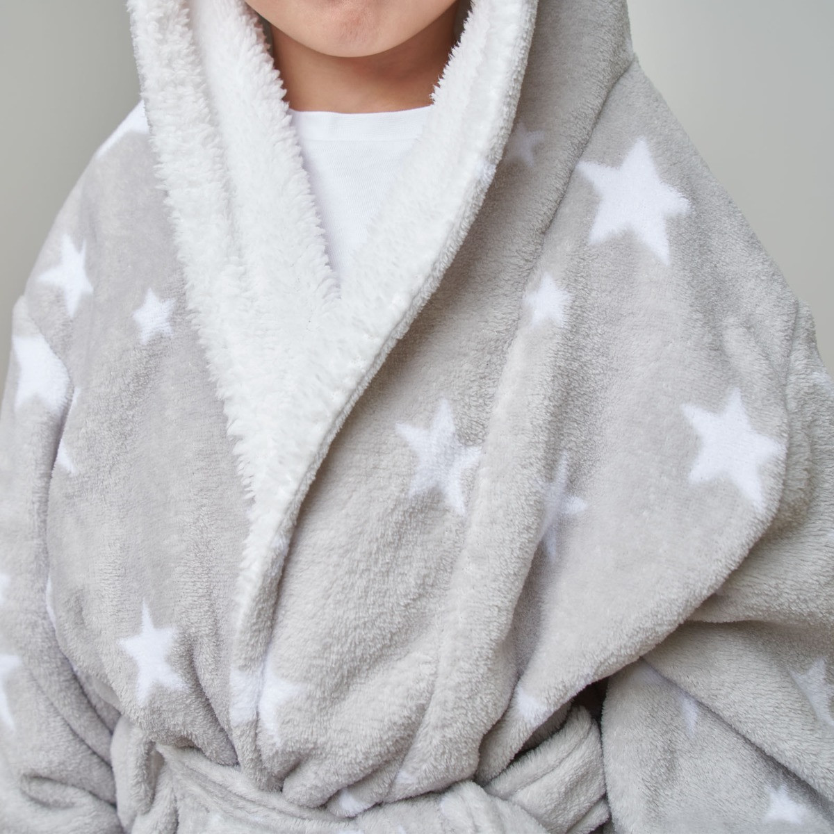 Dreamscene Kids Star Hooded Sherpa Fleece Dressing Gown - Grey>