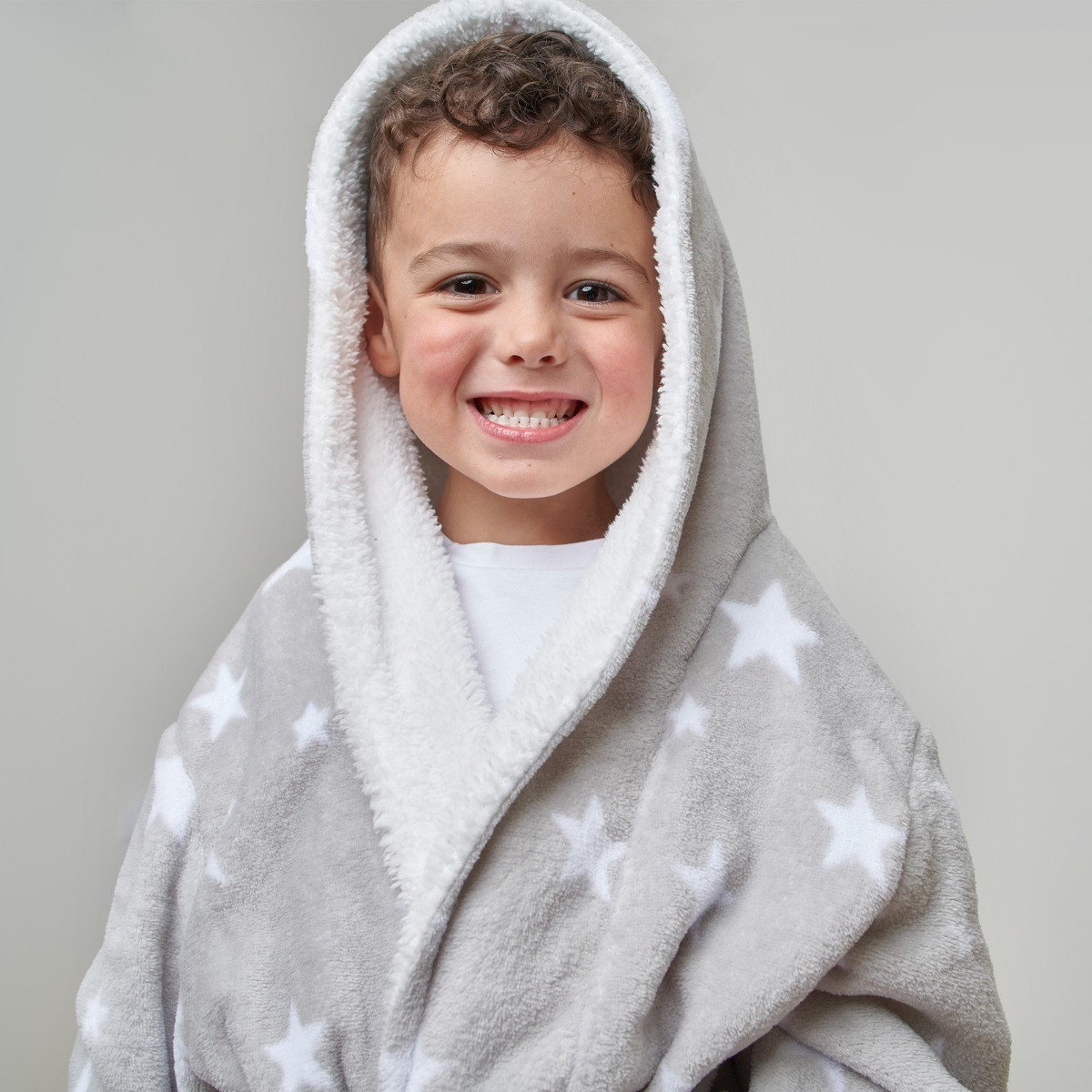 OHS Kids Star Hooded Sherpa Fleece Dressing Gown, Grey 4-7yrs