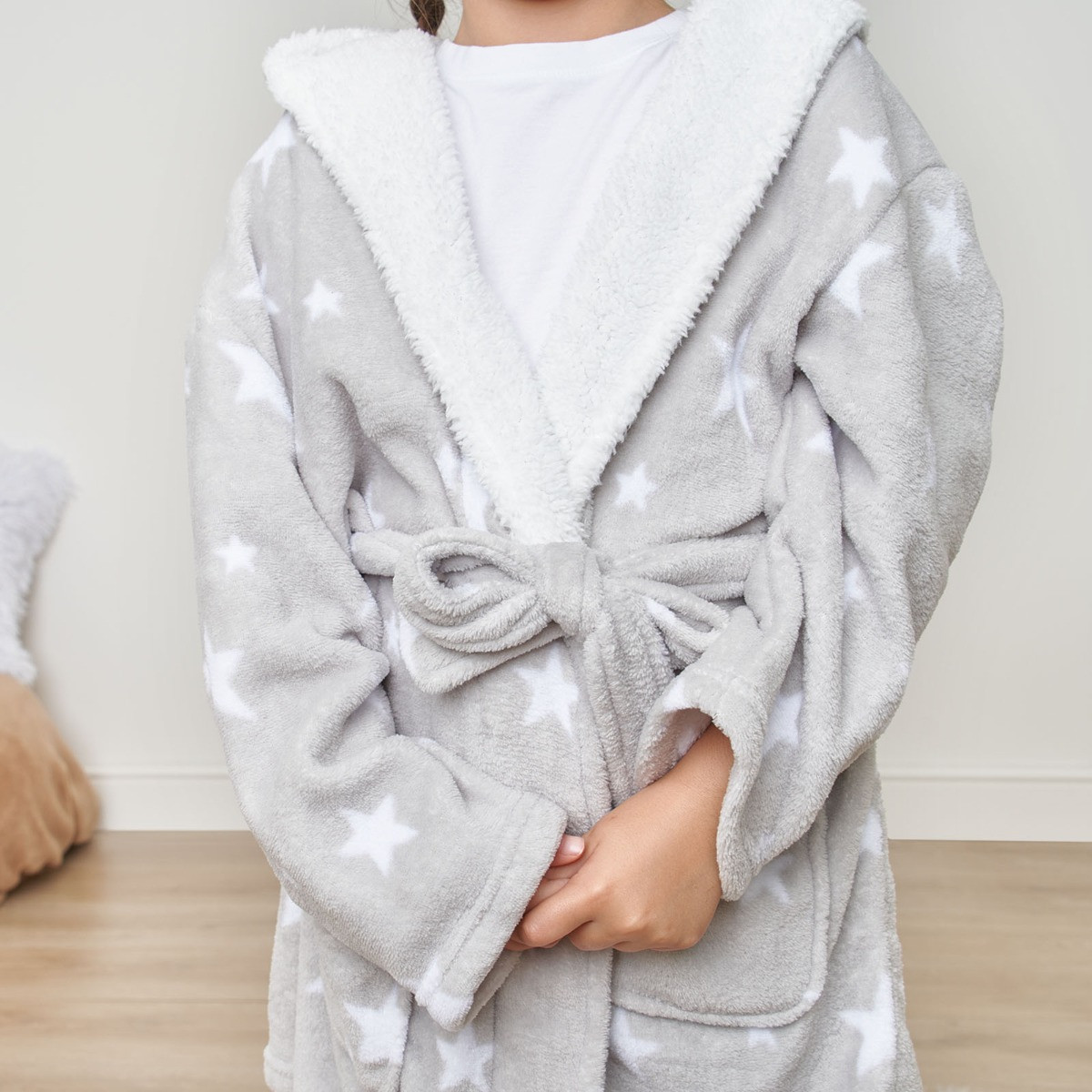 Dreamscene Kids Star Hooded Sherpa Fleece Dressing Gown - Grey>