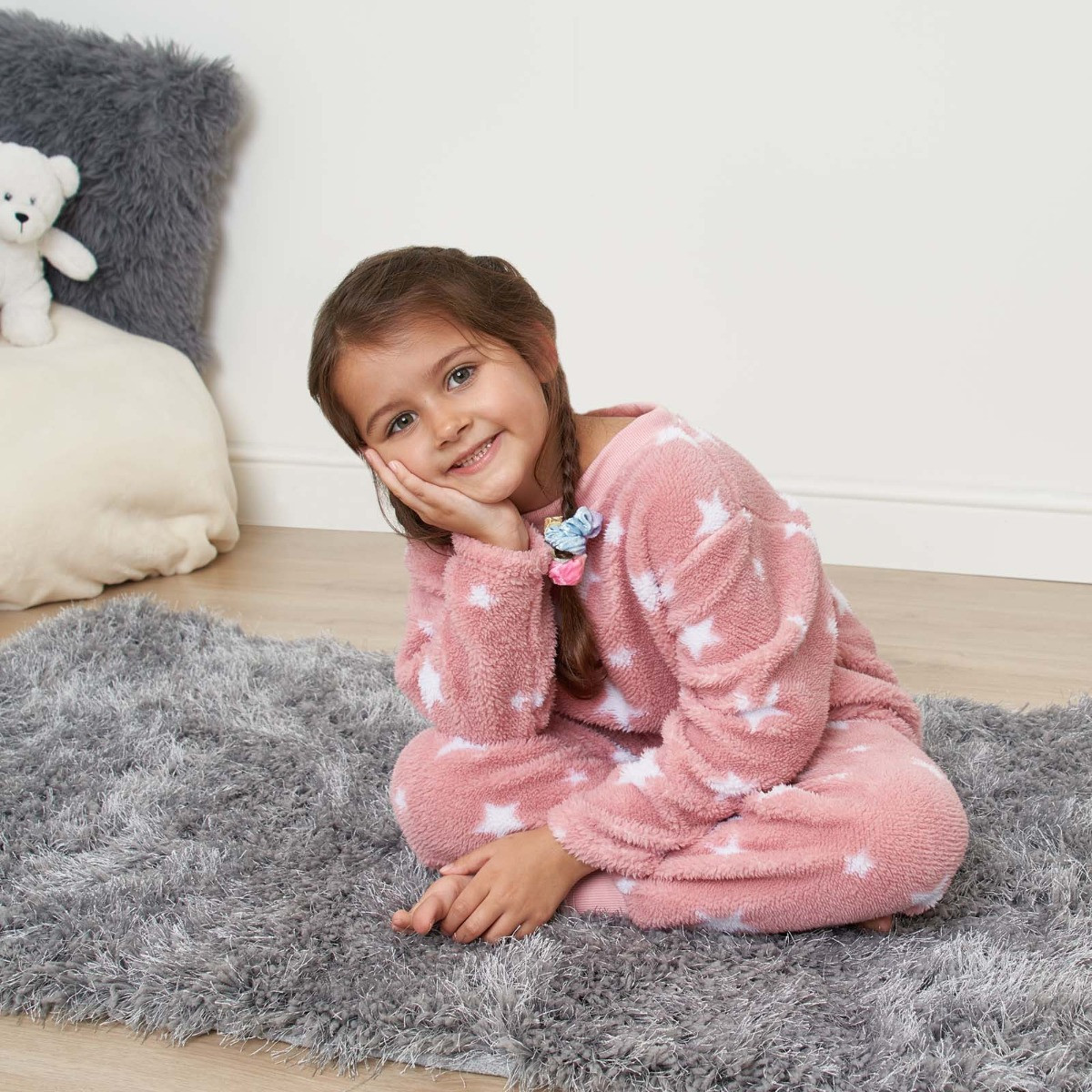 Dreamscene Kids Star Print Fleece Pyjama Set - Blush>