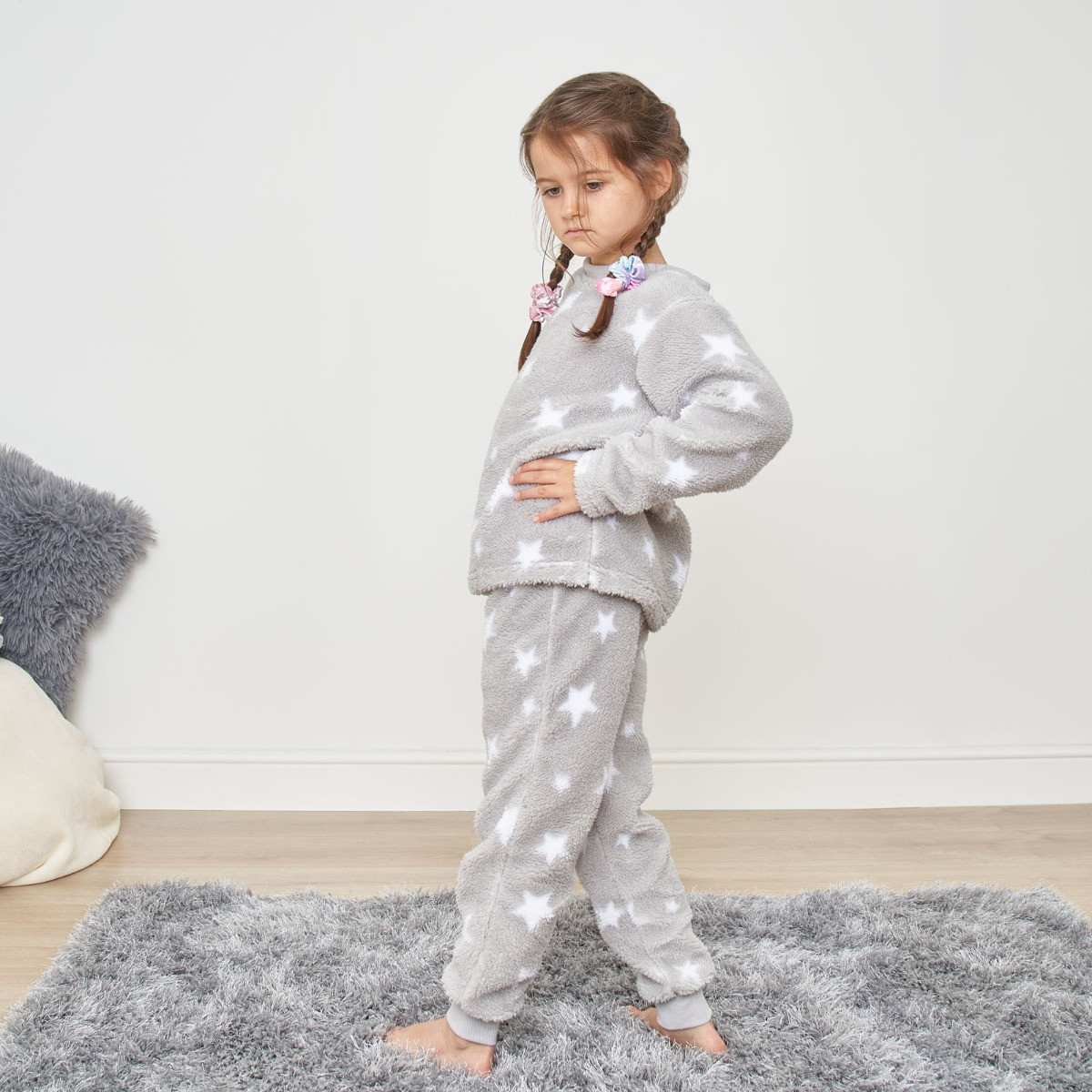 Dreamscene Kids Star Print Fleece Pyjama Set - Grey>