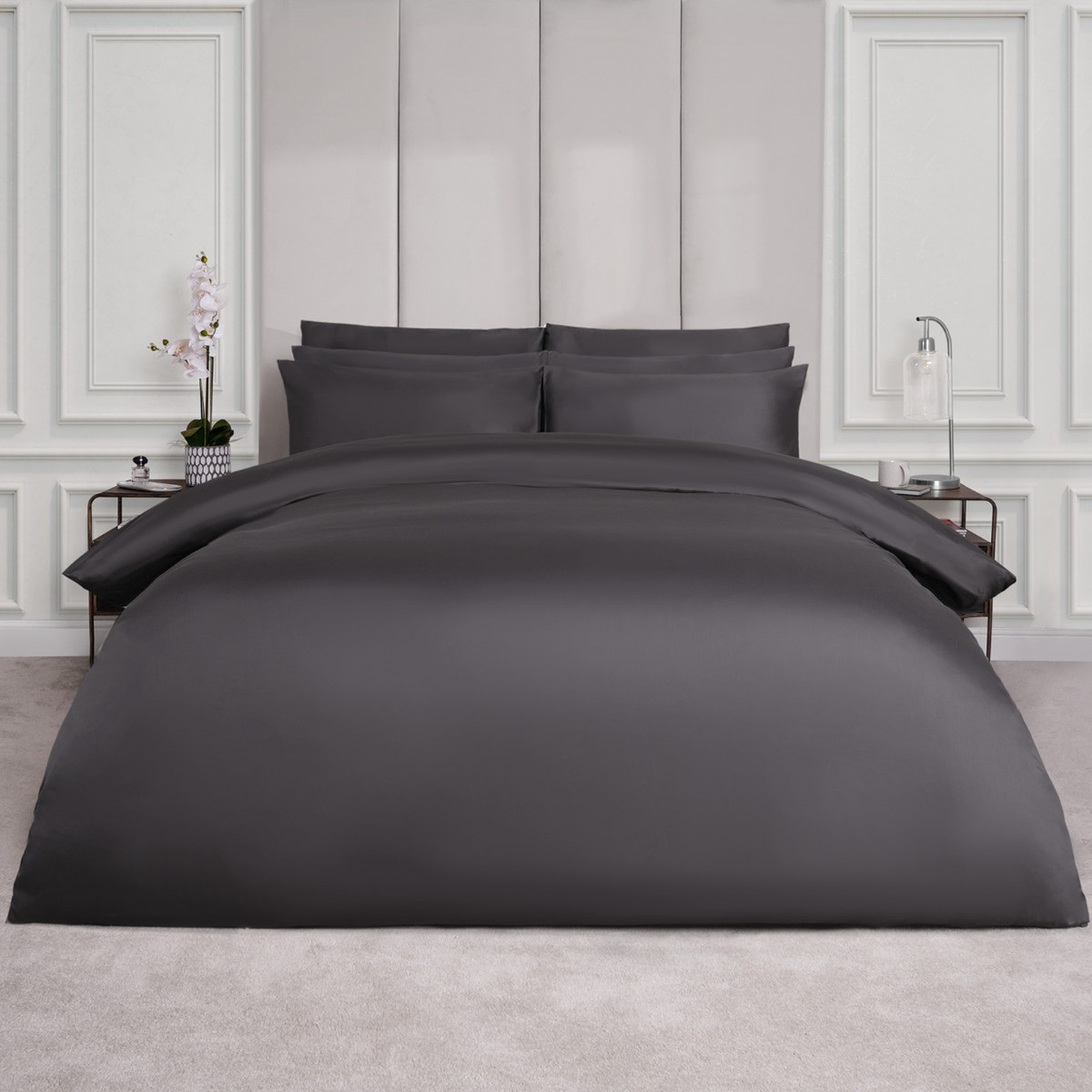 OHS Luxe 220 Thread Count 100% Cotton Sateen Duvet Set, Charcoal - Single>