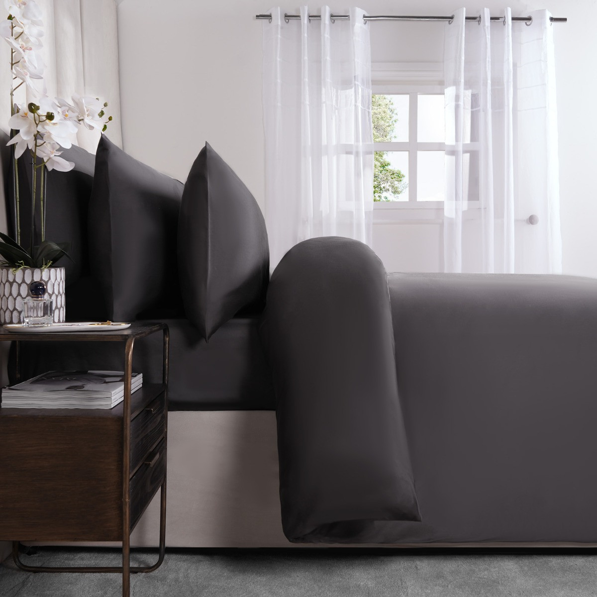 OHS Luxe 220 Thread Count 100% Cotton Sateen Duvet Set - Charcoal>