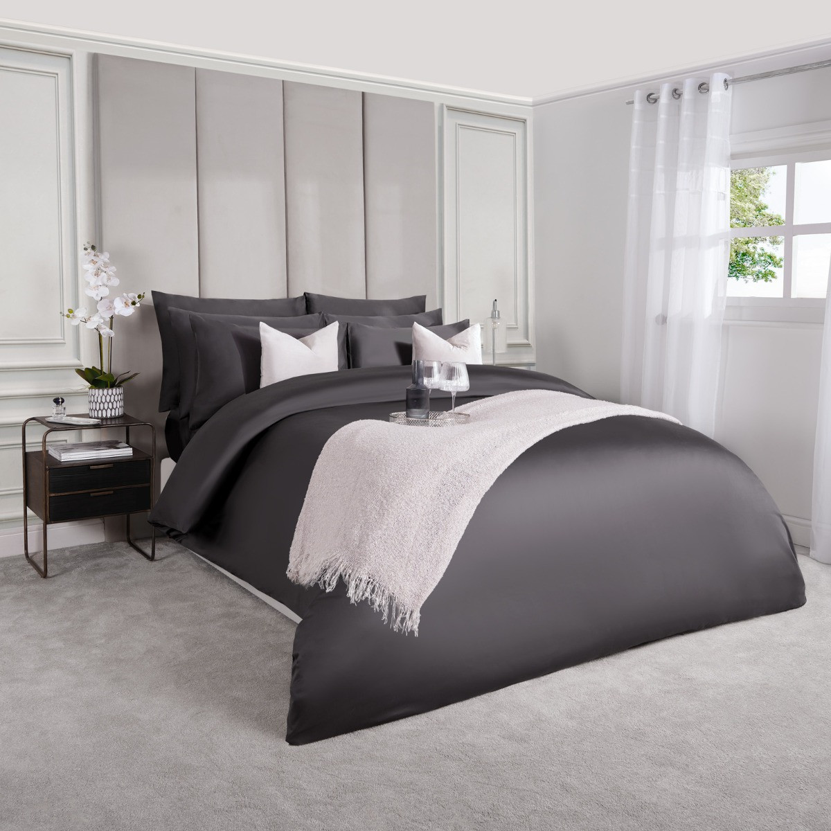 OHS Luxe 220 Thread Count 100% Cotton Sateen Duvet Set - Charcoal>