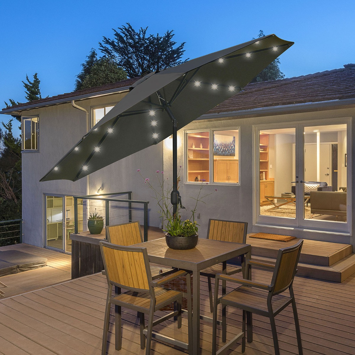 Outsunny 24 LED Solar Powered Parasol Umbrella, Charcoal - 2.7m>