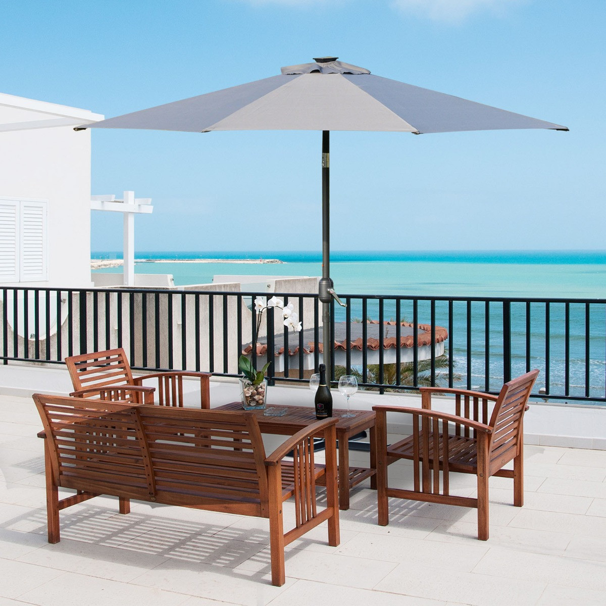 Outsunny 24 LED Solar Powered Parasol Umbrella, Charcoal - 2.7m>