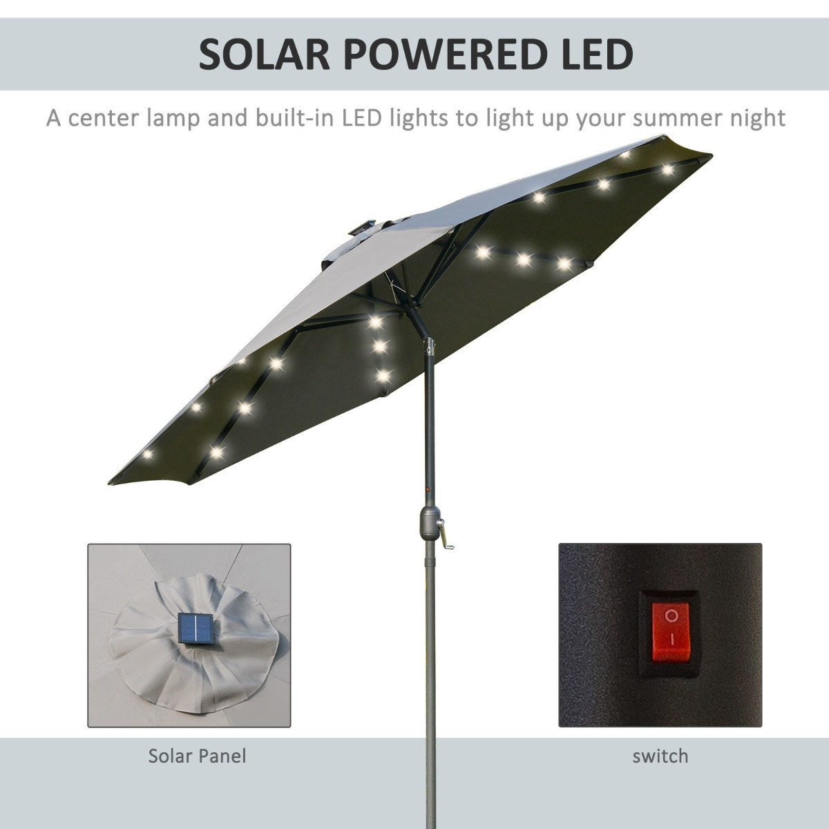Outsunny 24 LED Solar Powered Parasol Umbrella, Charcoal - 2.7m>