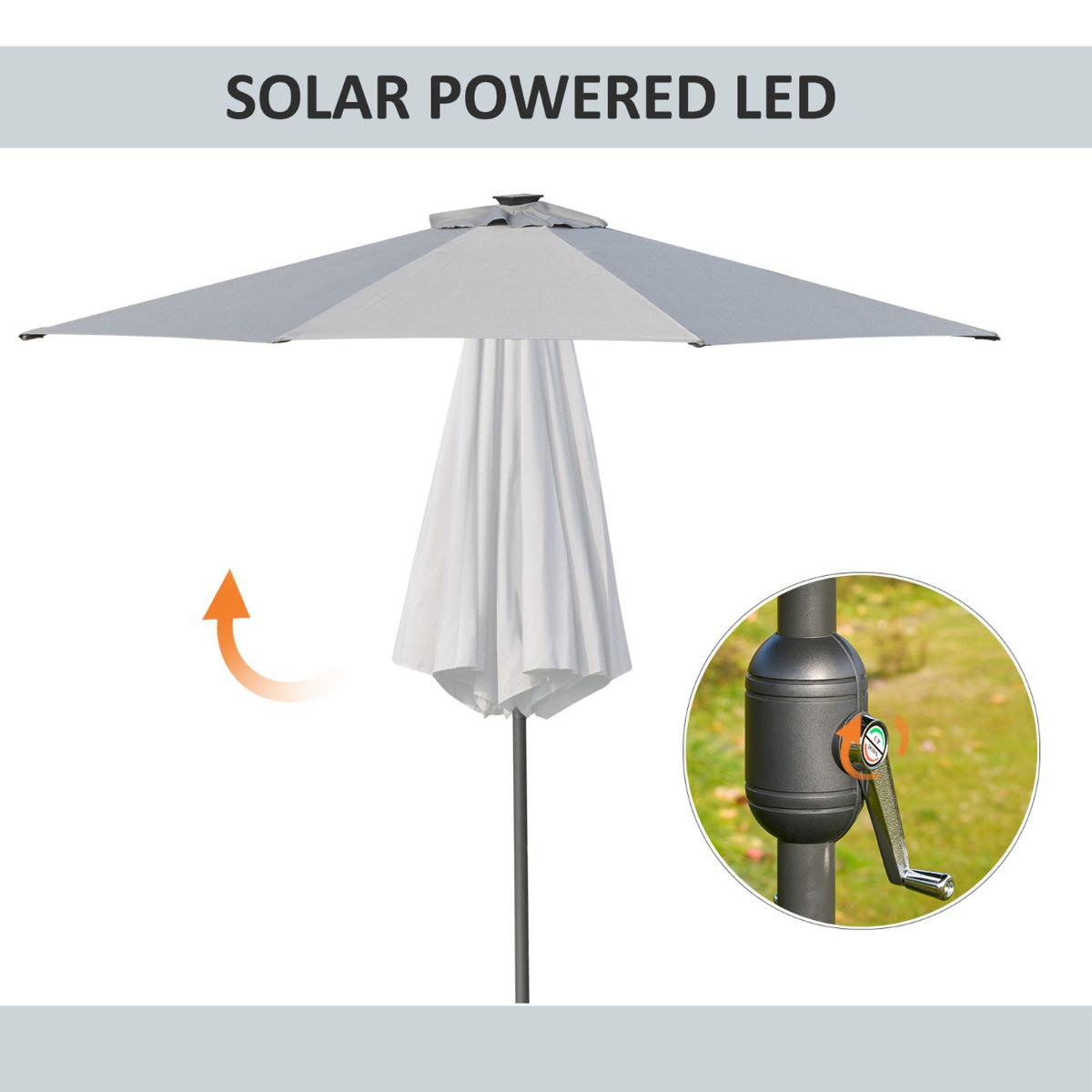 Outsunny 24 LED Solar Powered Parasol Umbrella, Charcoal - 2.7m>