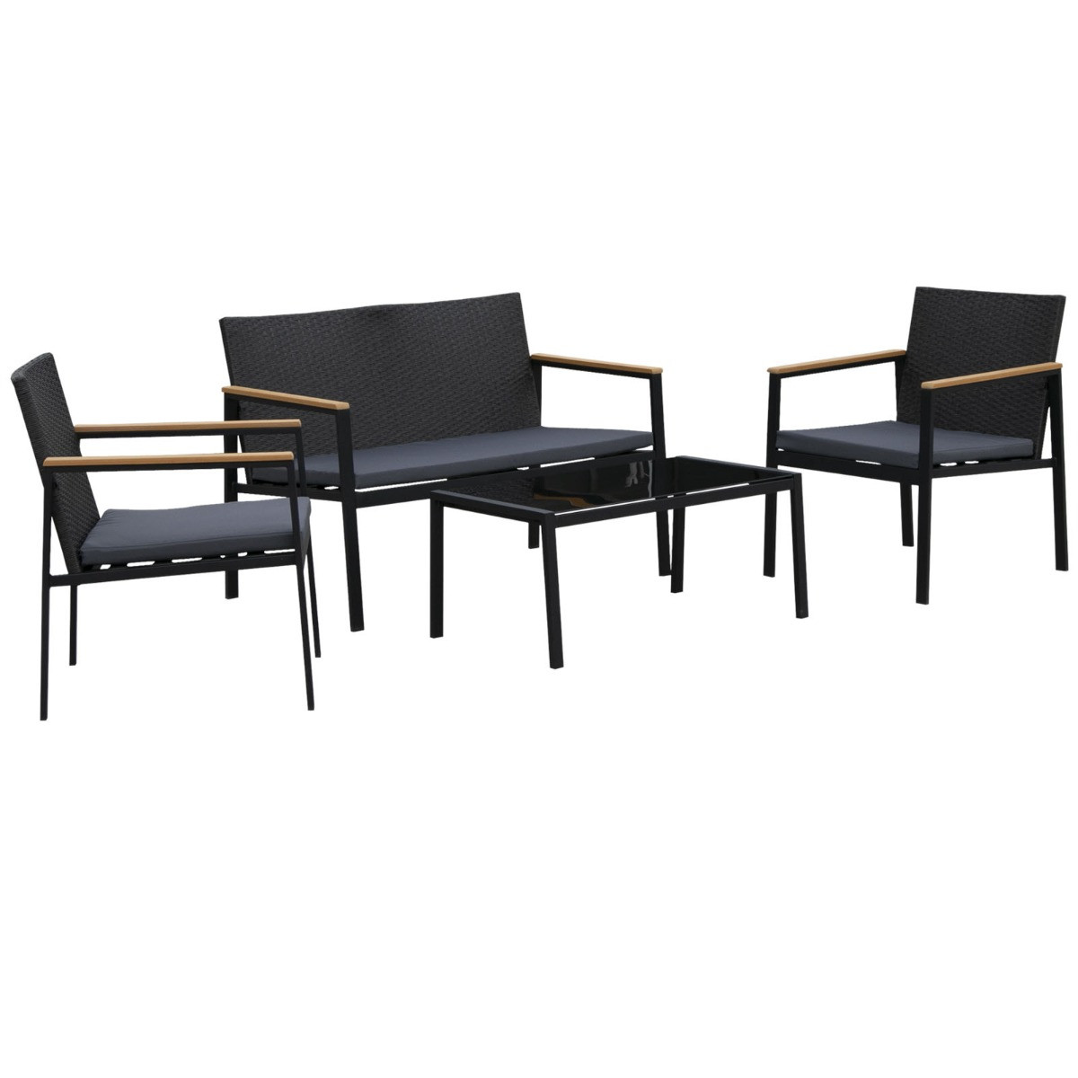 Outsunny Rattan Sofa And Chairs Set, 4 Piece - Black>