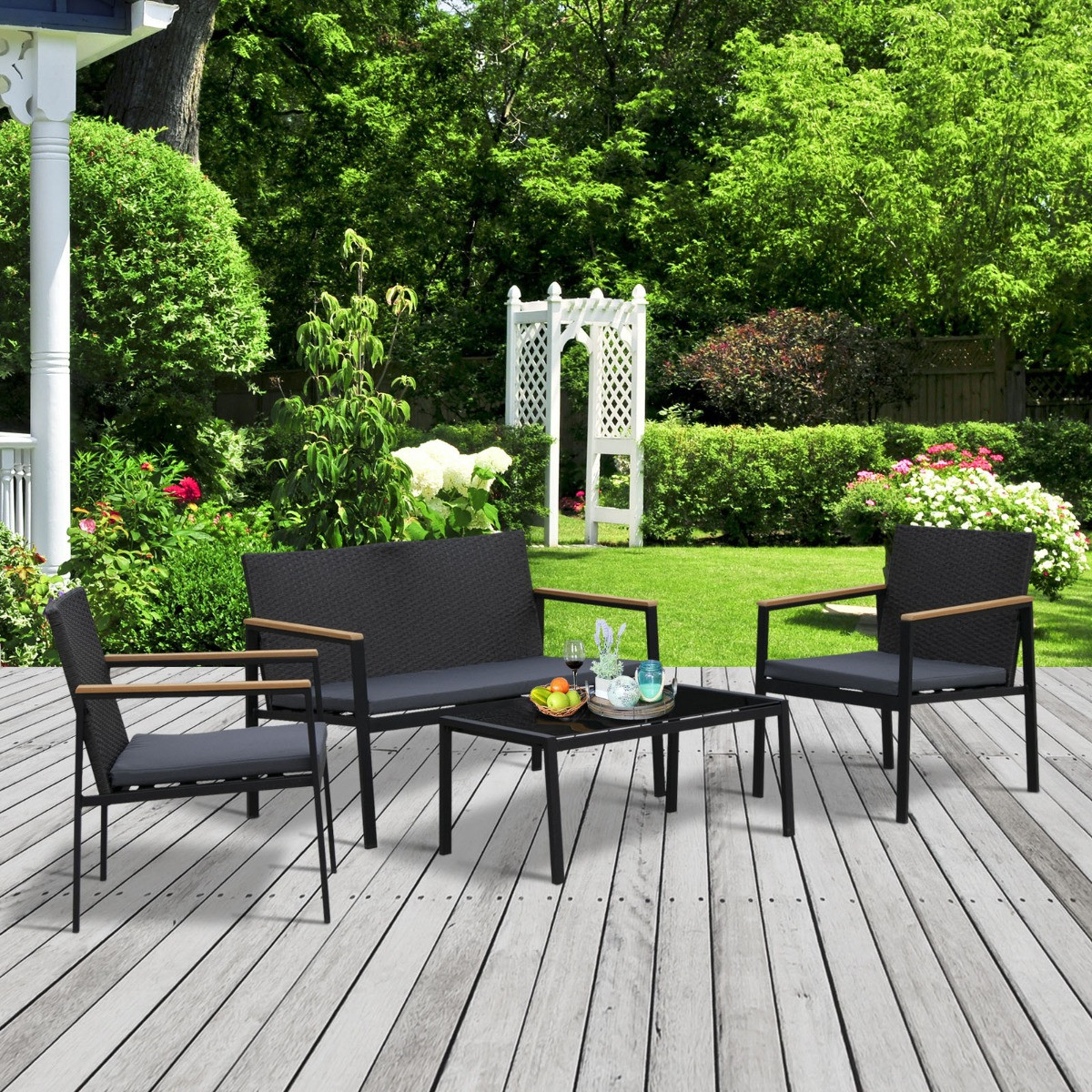 Outsunny Rattan Sofa And Chairs Set, 4 Piece - Black>
