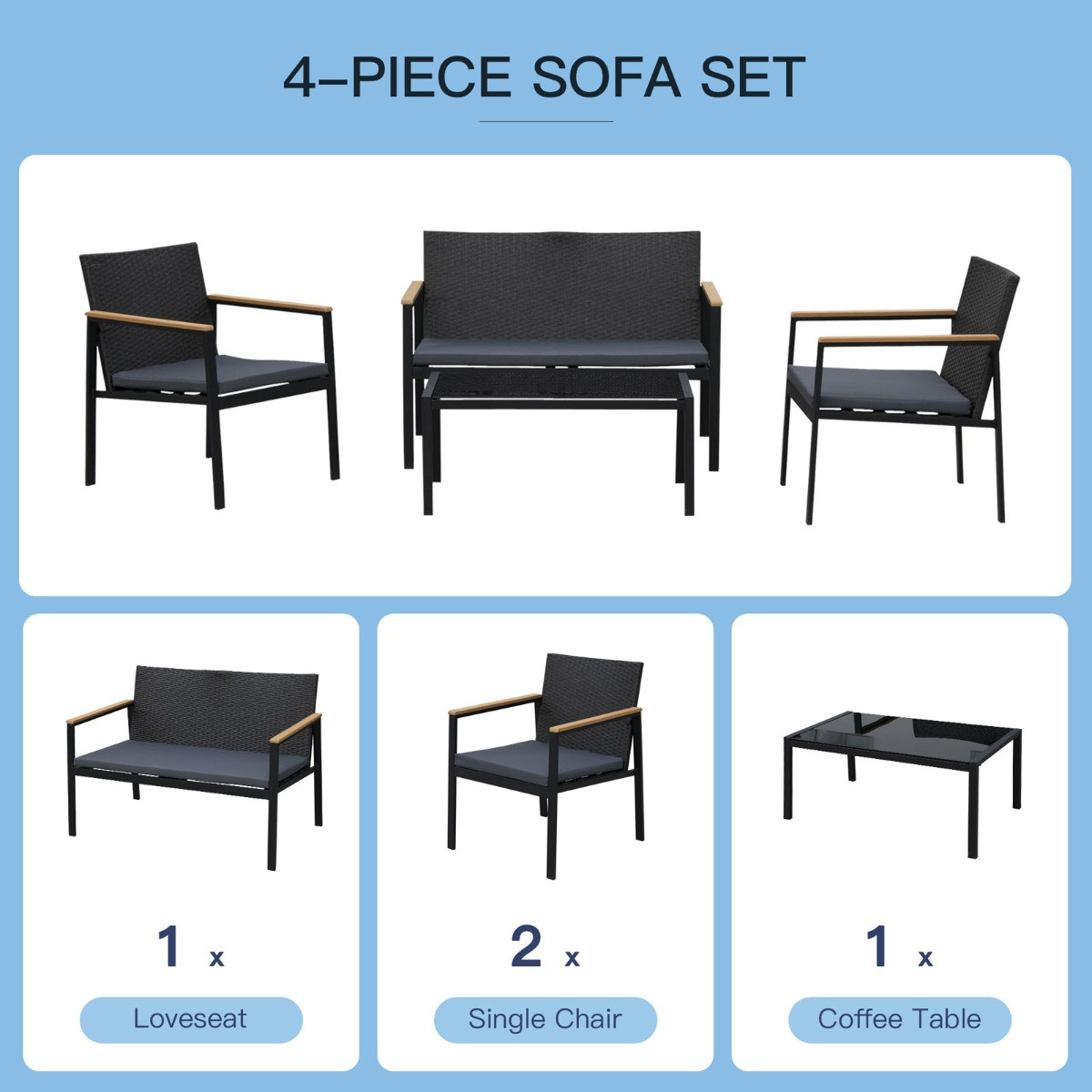 Outsunny Rattan Sofa And Chairs Set, 4 Piece - Black>