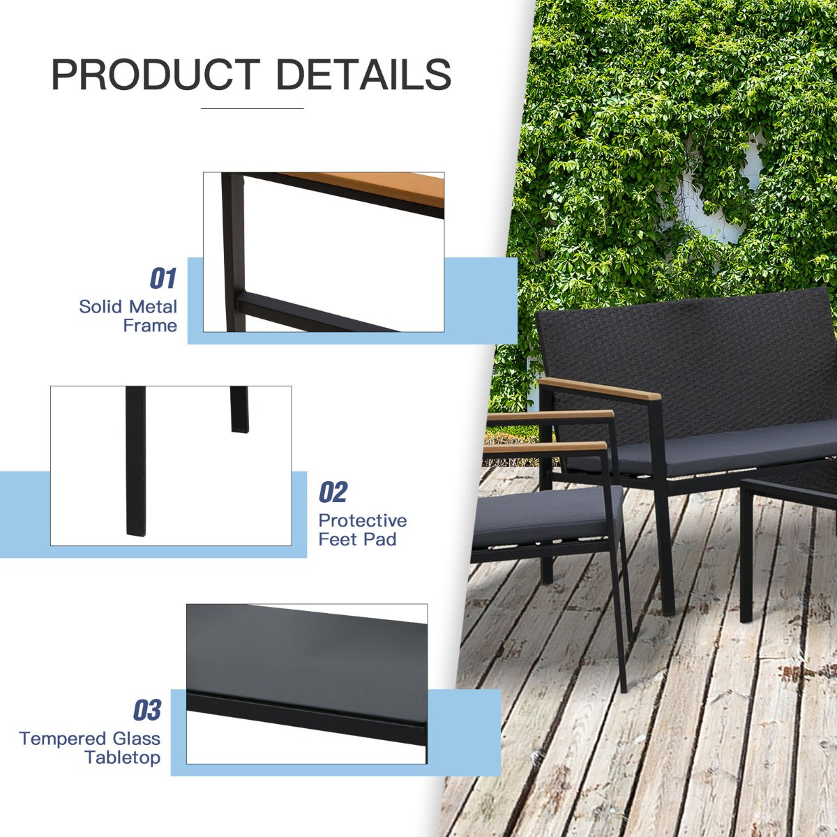 Outsunny Rattan Sofa And Chairs Set, 4 Piece - Black>