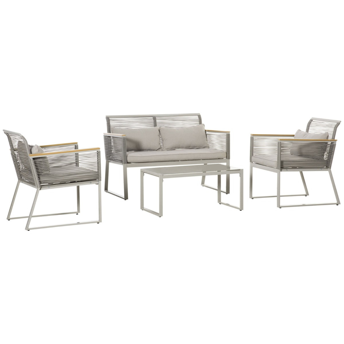 Outsunny Wicker Sofa Set With Tempered Glass Table, Grey - 4 Seater>