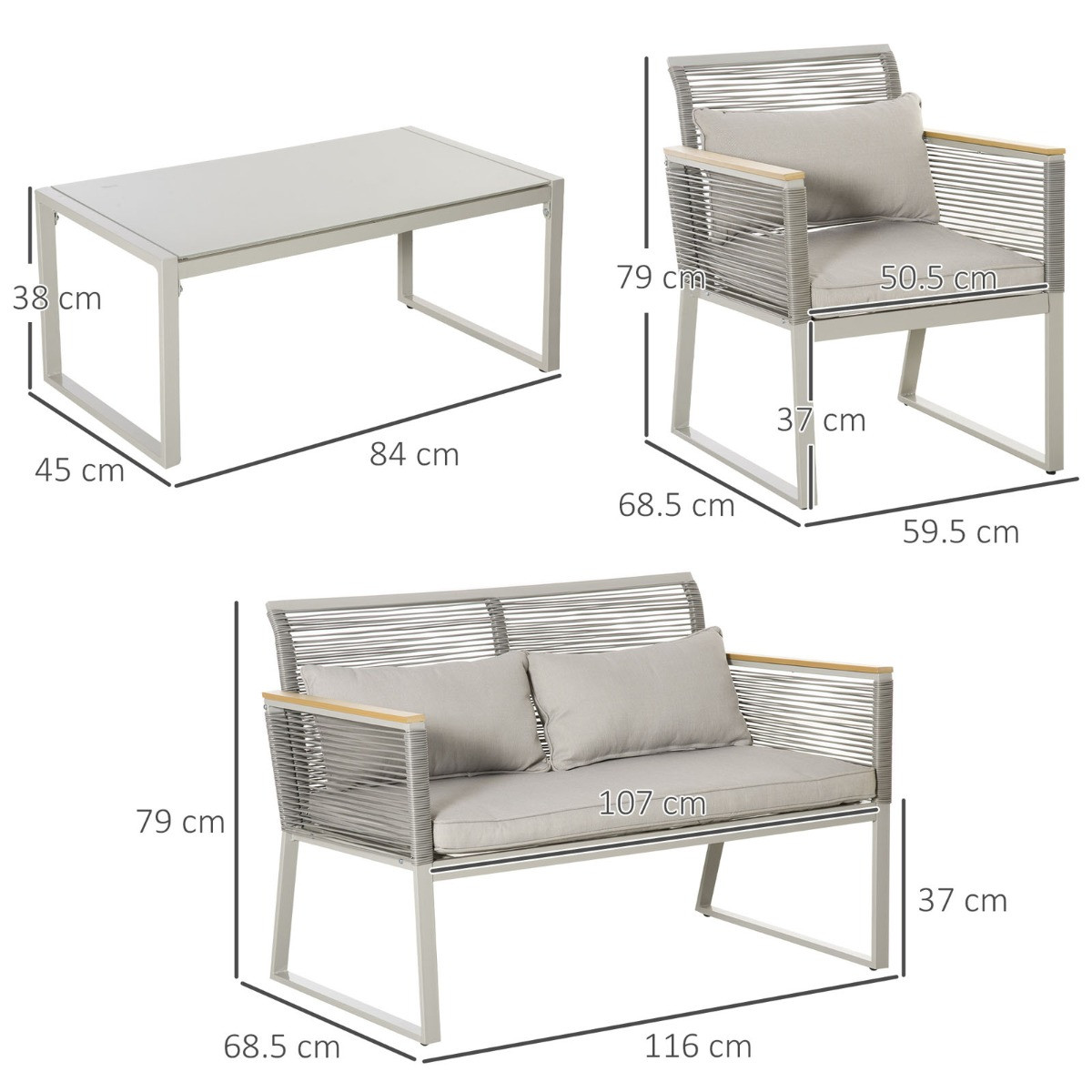 Outsunny Wicker Sofa Set With Tempered Glass Table, Grey - 4 Seater>