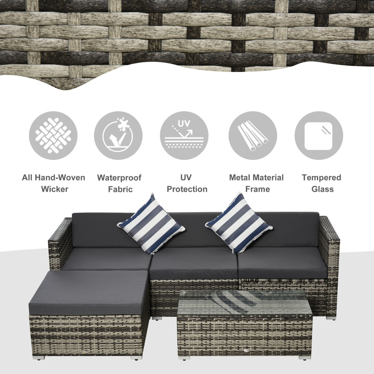 Outsunny Rattan Garden Sectional Sofa Set, Grey - 4 Seater>