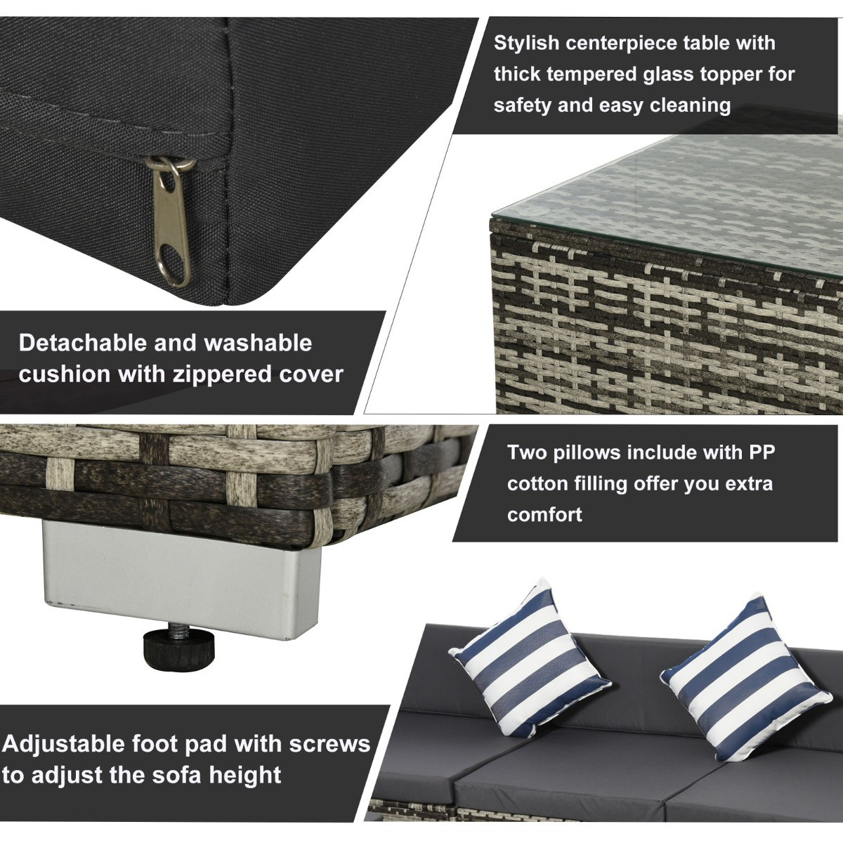 Outsunny Rattan Garden Sectional Sofa Set, Grey - 4 Seater>