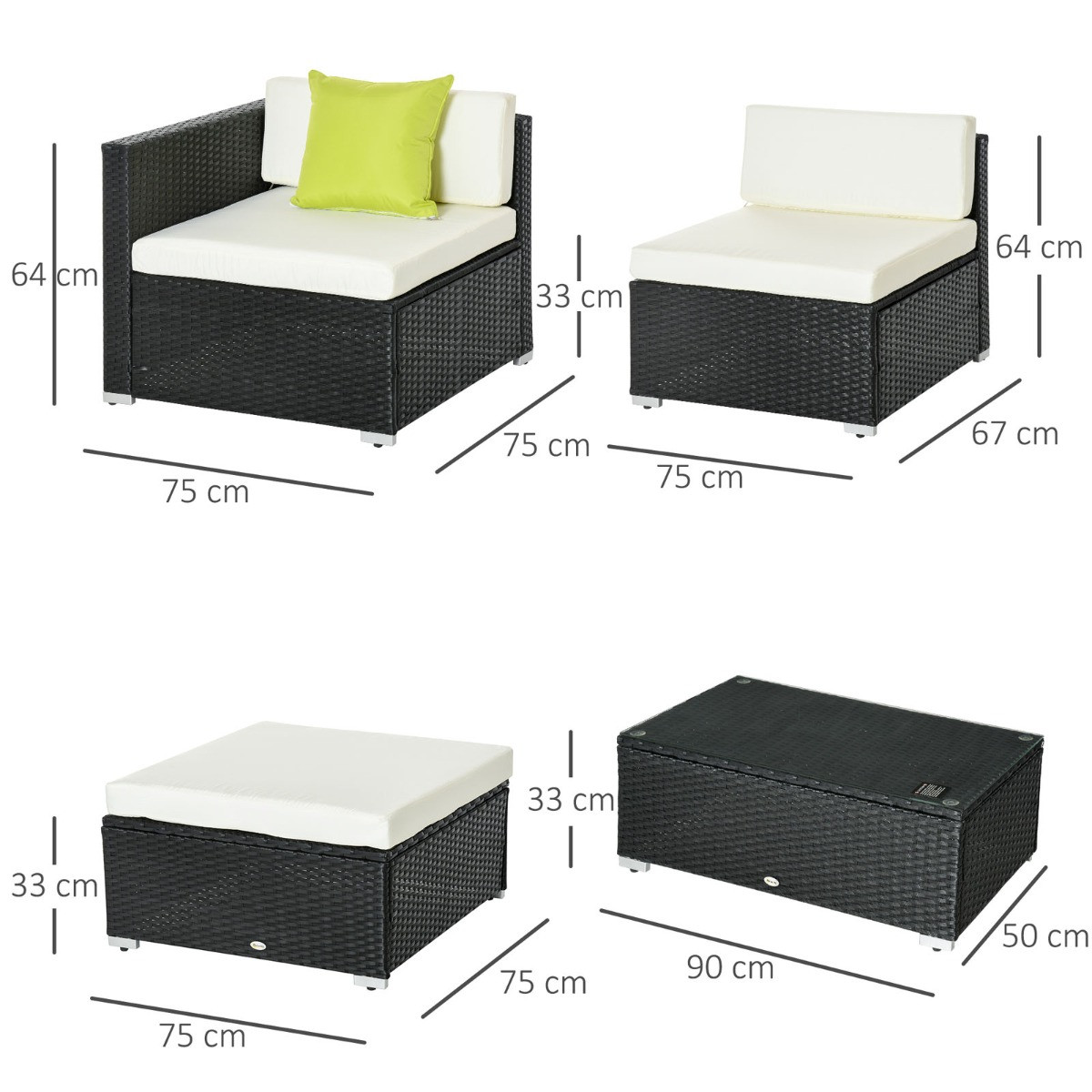 Outsunny Rattan Garden Sectional Sofa Set, Black - 4 Seater>